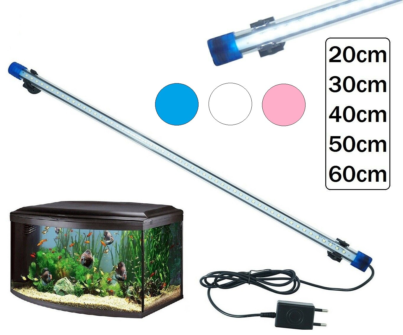 BARRA LED LAMPADA NEON PER ACQUARIO IMPERMEABILE IMMERSIONE LUCE BLU ROSA BIANCA