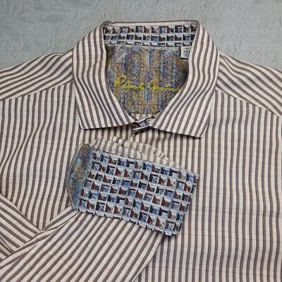 Robert Graham Mens Shirt Brown Striped Pattern Contrasting Flip Cuff Size 3XL