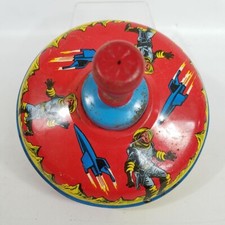 Vtg Spinning Metal Top Toy Rockets Astronaut Spaceship Ohio Art Red Blue 1960s