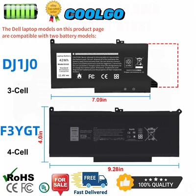 DJ1J0/F3YGT Battery for Dell Latitude  7280 7290 7380 7390 7480 7490 /Charger