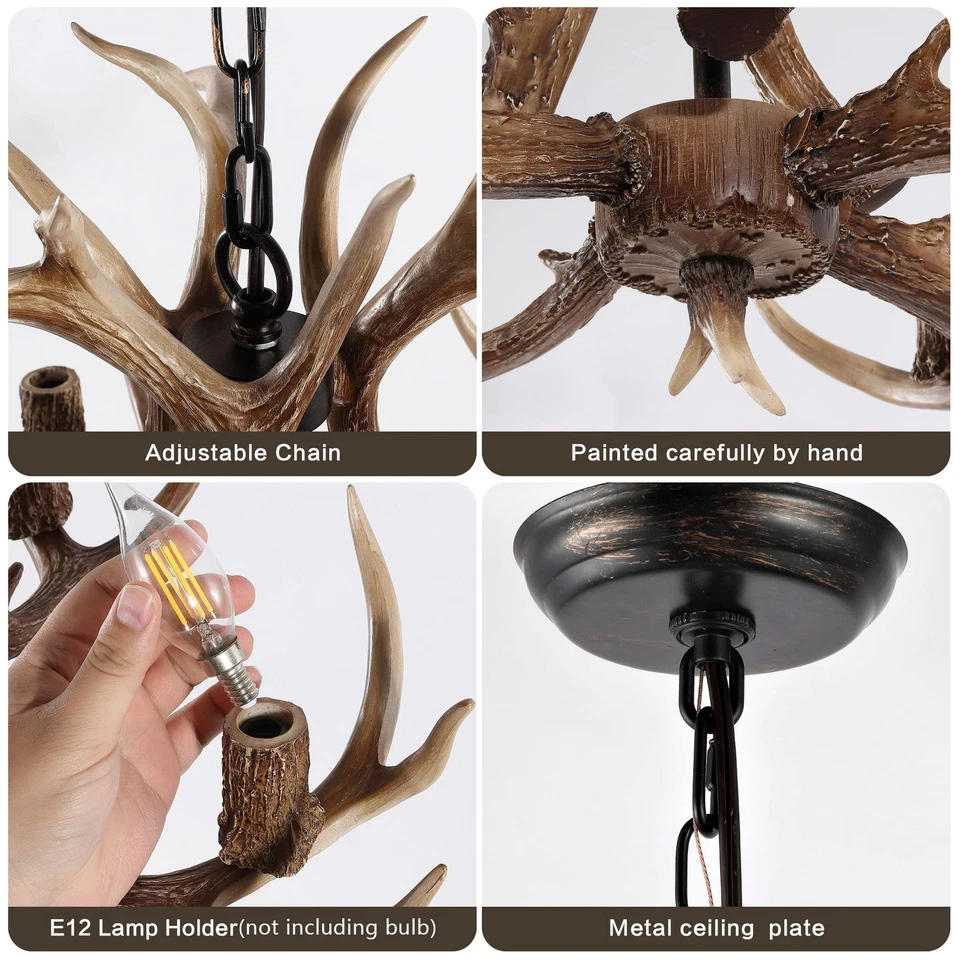 Lámpara de araña de asta iluminación lámpara de ciervo vintage rústica lámpara de araña de granja... Foto 4 de 4