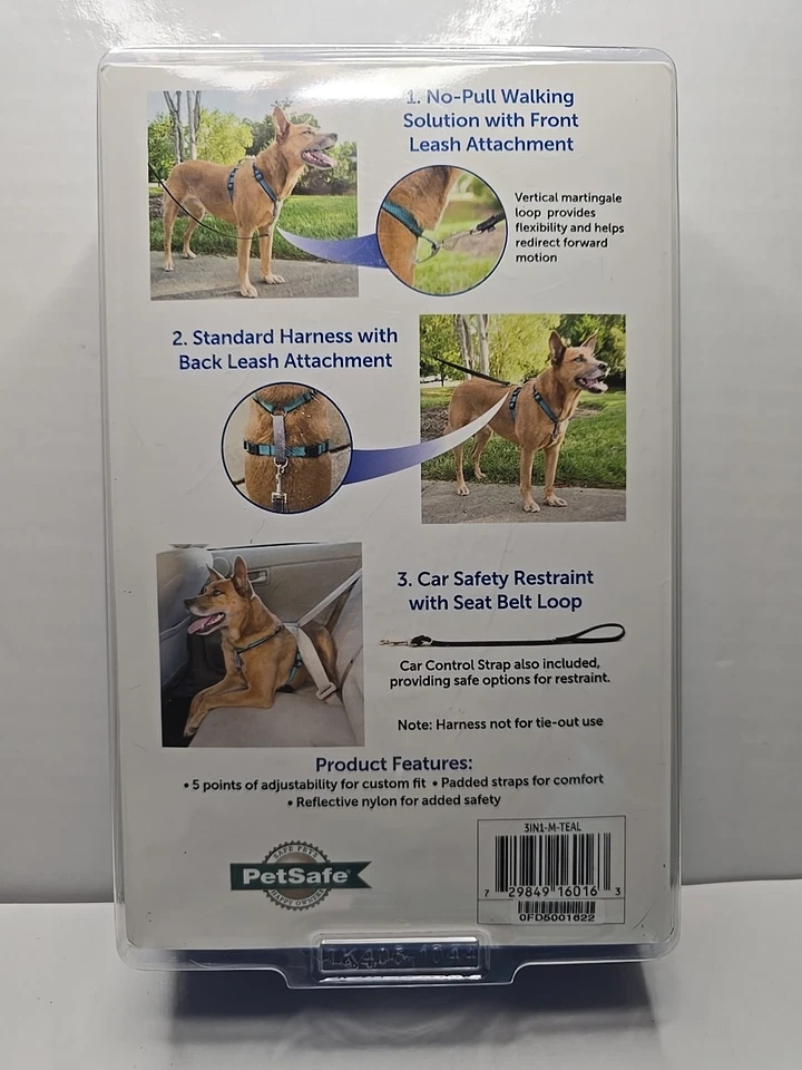 PetSafe 3 in 1 Dog Harness-MEDIUM-Teal-No Pull Design-Car Restraint-Reflective - Image 3 of 4