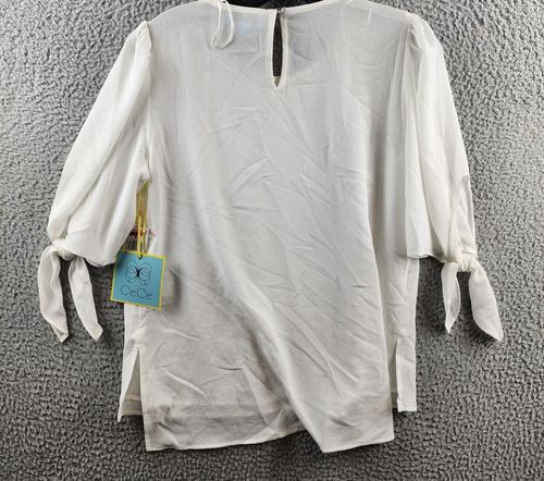CeCe Tie Sleeve Top Women's XS White Solid Round Neck Elbow Sleeve Button Back - Picture 14 of 16