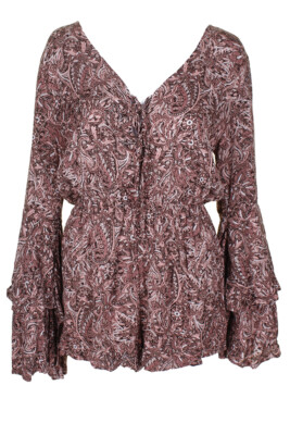 American Rag Junior Pink Brown Paisleymuster Schnürer V-Ausschnitt Glockenärmel