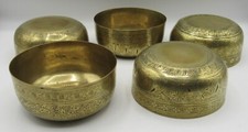 5 old ornate engraved gilt copper bowls 4.5x2” India/China? leaf/vine enamel