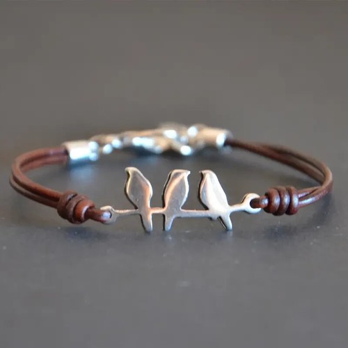 Premium Leather Rope Bird Bracelet Fashionable Alloy Accent Trendy - Picture 3 of 4