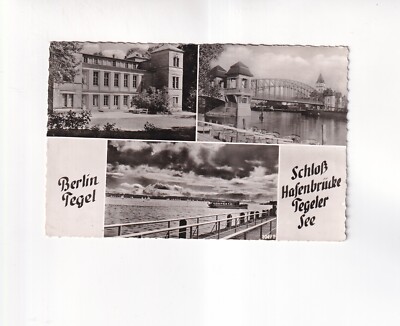 8216) Postcard BERLIN TEGEL Castle Harbour Bridge Tegeler See with Ship 1962