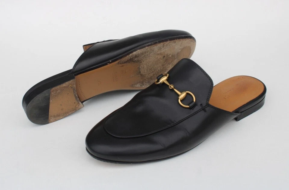 GUCCI 'Princetown' Horsebit Mules Leather Slippers Slides Sz 37.5/ US 7.5 Black