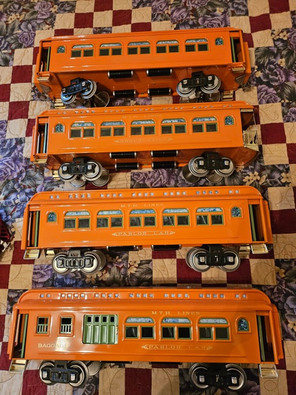 mth standard gauge tinplate orange 4 car passenger set  #428,429,430,431