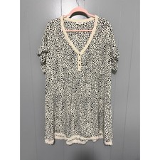 Umgee Cream Dotted Babydoll Short Sleeve V-neck Boho Western Mini Dress L