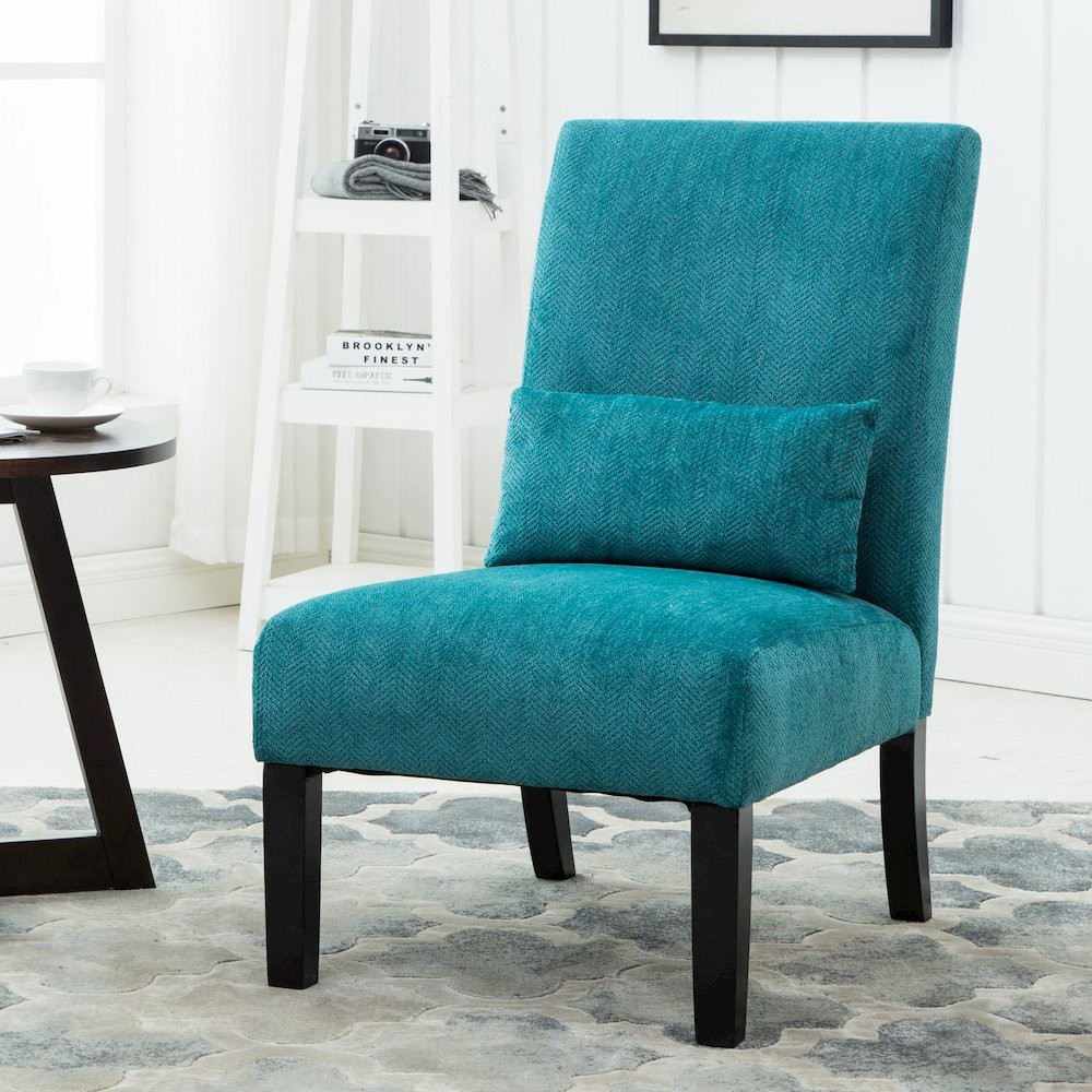 Pisano Teal Blue Fabric Armless Accent Chair with Matching Kidney Pillow