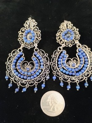 LARGE Taxco Mexico Oaxaca Filigree Frida Kahlo Style 925 Sterling Lapis Earrings