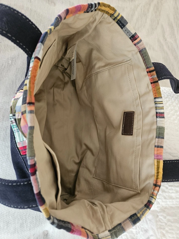 J Crew Madres сумка с короткими ручками клетку с темно-синий холст ручки и низ - Изображение 2 из 3