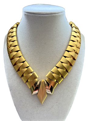 Architectural 80s Deco Style Necklace Matt & Shiny Gold tone 15''