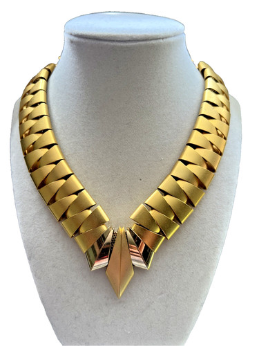 Architectural 80s Deco Style Necklace Matt & Shiny Gold tone 15"