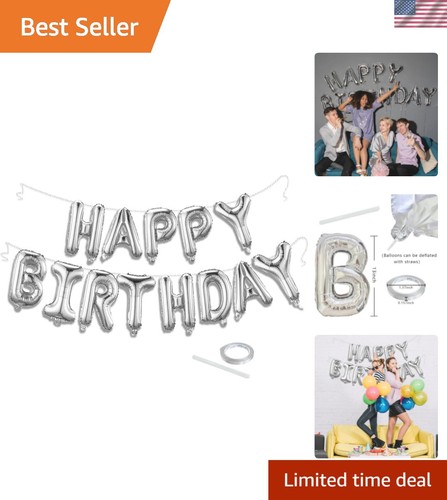 Silver Happy Birthday Balloon Banner Set -16 Inch Foil Letters Balloons, Reus...