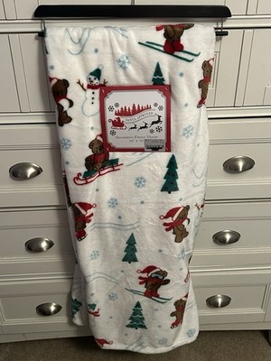 50 X 70 Teddy Bear On Skates Christmas Theme Winter Blanket NEW!