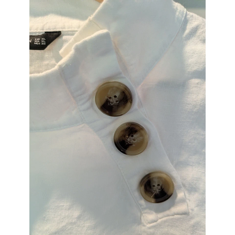 Zara Woman White Linen Blend Tunic Top Mock Neck Button Detail XL Lagenlook Top - Image 3 of 4
