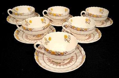 SPODE COPELAND BUTTERCUP FLAT TEA/COFFEE CUP & SAUCER SET OF 6 MIXED STAMPS UK