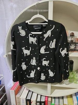 Vintage 2000 Michael Simon New York Rare Htf Black Beaded Cat Cardigan Size M
