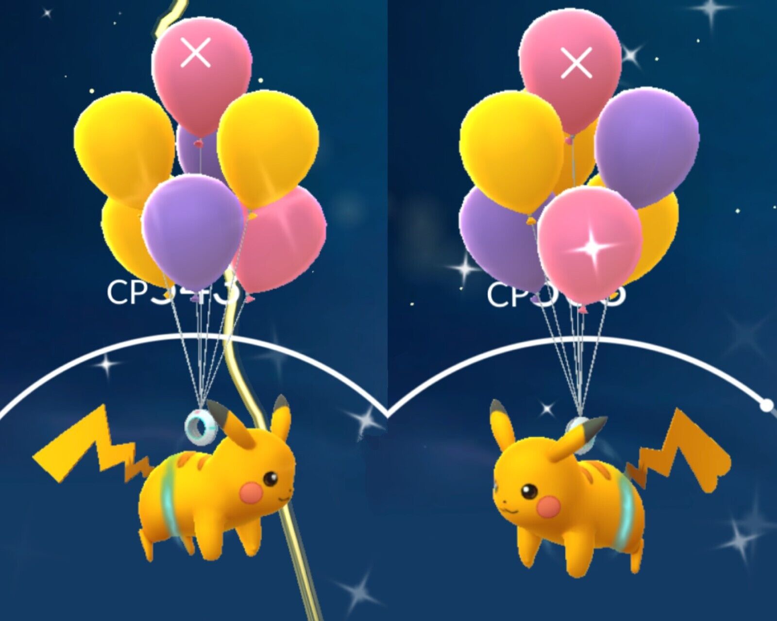 Shiny Pikachu (flying purple balloons) 