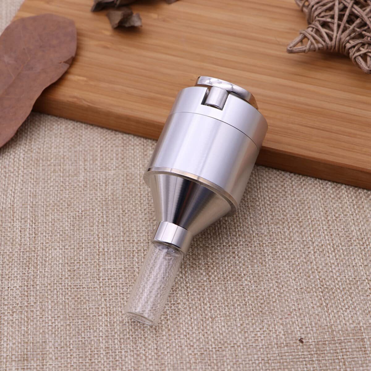 44mm Funnel Shape Metal Powder Spice Herb Grinder Crusher w/ Snuff Glass Bottle
