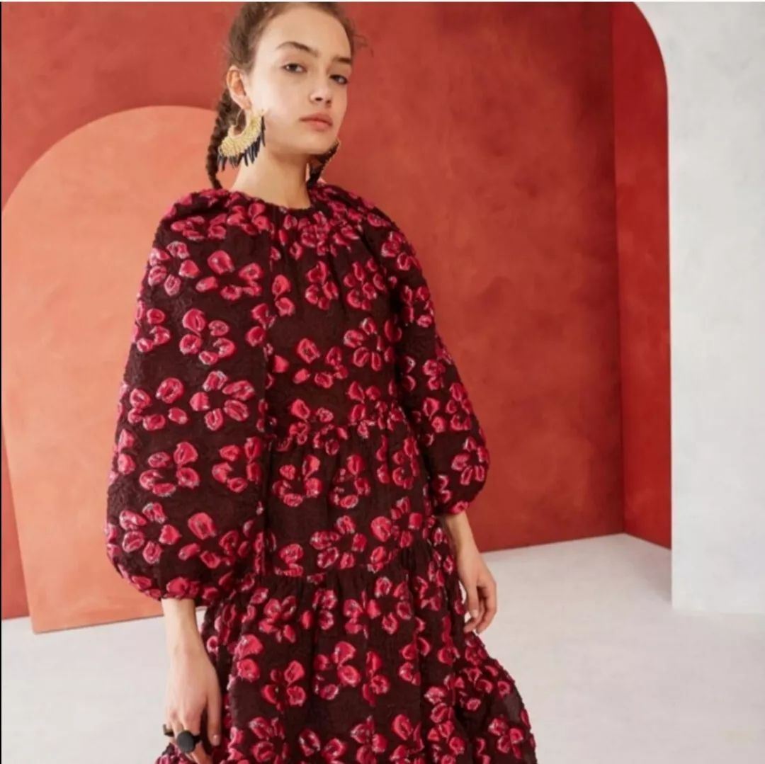 Ulla Johnson Allegra Devore floral Blouson red pink runway midi dress 1595