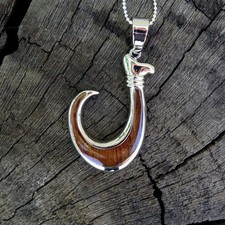 Koa Wood Hawaiian Jewelry Fish Hook Silver Rhodium Plated Brass Pendant BRP1092