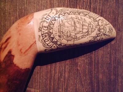 walking stick cane FAUX SCRIMSHAW CARVED tooth handle wood shaft cane rubber tip