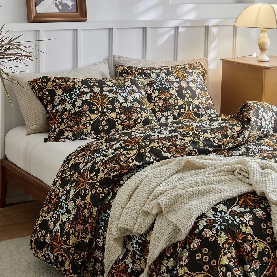 NEW Anthropologie Black Orange Floral Cotton Boho King Bedding Duvet & Sham Set - Image 3 of 4