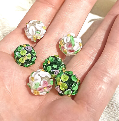 Luxus Blumen Perlen, Lampwork, Glasperlen Grün-rosa 6 Stück Unikate, 3D Dekor