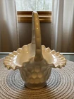 Vintage Fenton White Milk Glass Thumbprint Basket w/ Ruffled Edge Bamboo Handle
