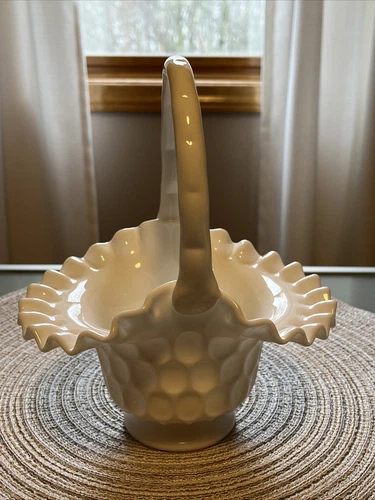 Vintage Fenton White Milk Glass Thumbprint Basket w/ Ruffled Edge Bamboo Handle