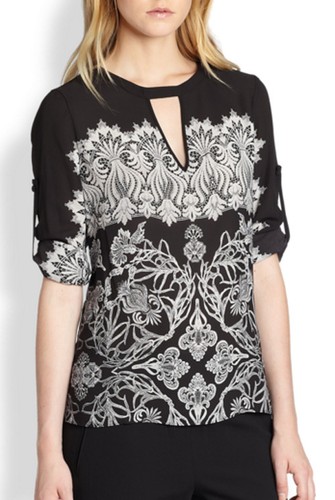 Tunique Longue Manches BCBG Max Azria - Imprimé Floral Noir/blanc - Taille XS - Neuf Avec étiquettes