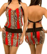 Sexy! Halter  Backless Animal Print Clubwear Mini Dress/ Tunic Red Multi M