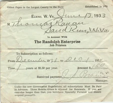1933 Receipt for Subscription to The Randolph Enterprise Elkins WV