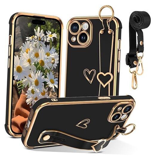 Cute Heart Black iPhone 15 6.1 Inch Protective Case