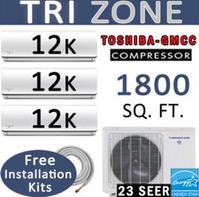 36,000 BTU Tri Zone Ductless Mini Split Air Conditioner Heat Pump : 12000 x 3