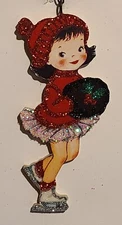 GIRL in RED SWEATER & HAT,  ICE SKATING  * Glitter CHRISTMAS ORNAMENT * Vtg Img