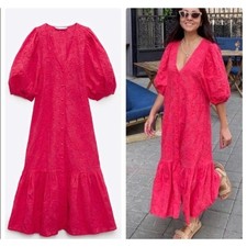 ZARA OPENWORK EMBROIDERED MIDI DRESS RED XS Ref 4786/126 NWT
