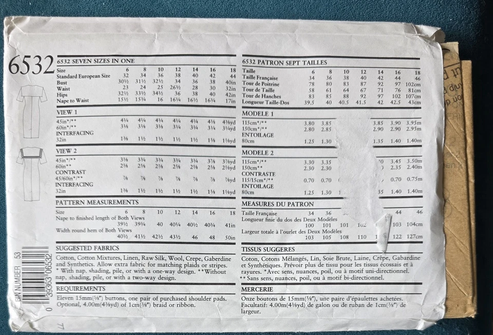 1980s Sailor Collar Double Breasted Dress Shawl New Look 6532 Sewing Pattern - Image 3 of 3