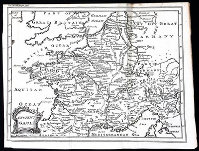 1748. ENGRAVING: A MAP OF ANCIENT GAUL. FOLDING MAP 8.5 X 11 INCHES, FROM THE UN