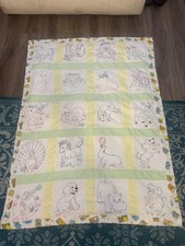 Vintage 1970  s Embroidered Animal Nursery Handmade Patchwork Quilt 20  x54  