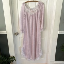 Vintage Miss Elaine Pink Floral Lace Trim Long Nightgown Made In USA