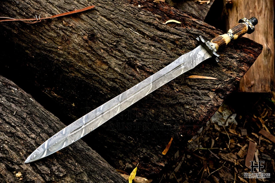 HUNTEX Handmade Damascus Blade,Deer Antler Hilt, 81 cm, Arming Viking ShortSword - Image 2 of 4