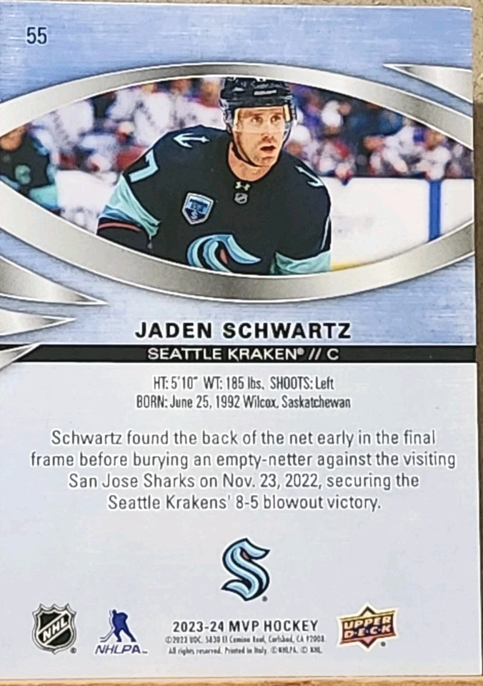 2023-24 Upper Deck MVP Hockey #55 - Jaden Schwartz - Seattle Kraken 🏒🥅 - Image 2 of 2