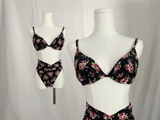 Vintage 90s Bikini Swim Suit Black Pink Floral Two Piece Size Small High Waist