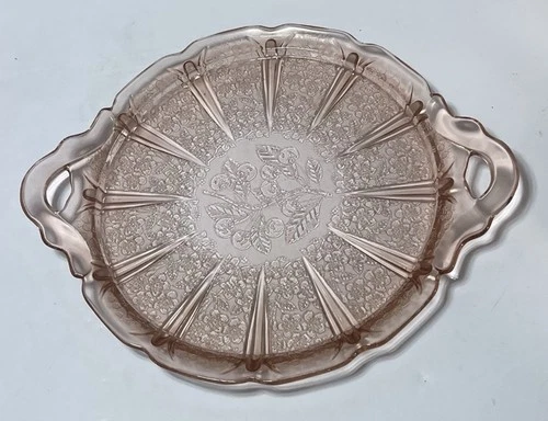 Vintage Jeannette Cherry Blossom Pink Depression Glass Handled Cake Plate