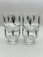 4 Vintage Libbey? Curio Black Gold Old Fashioned/Rock Glasses Low Ball Man With