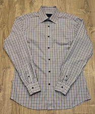 David Donahue Mens Blue Gingham Dress Shirt Luxury Non Iron Trim Fit 16 34-35